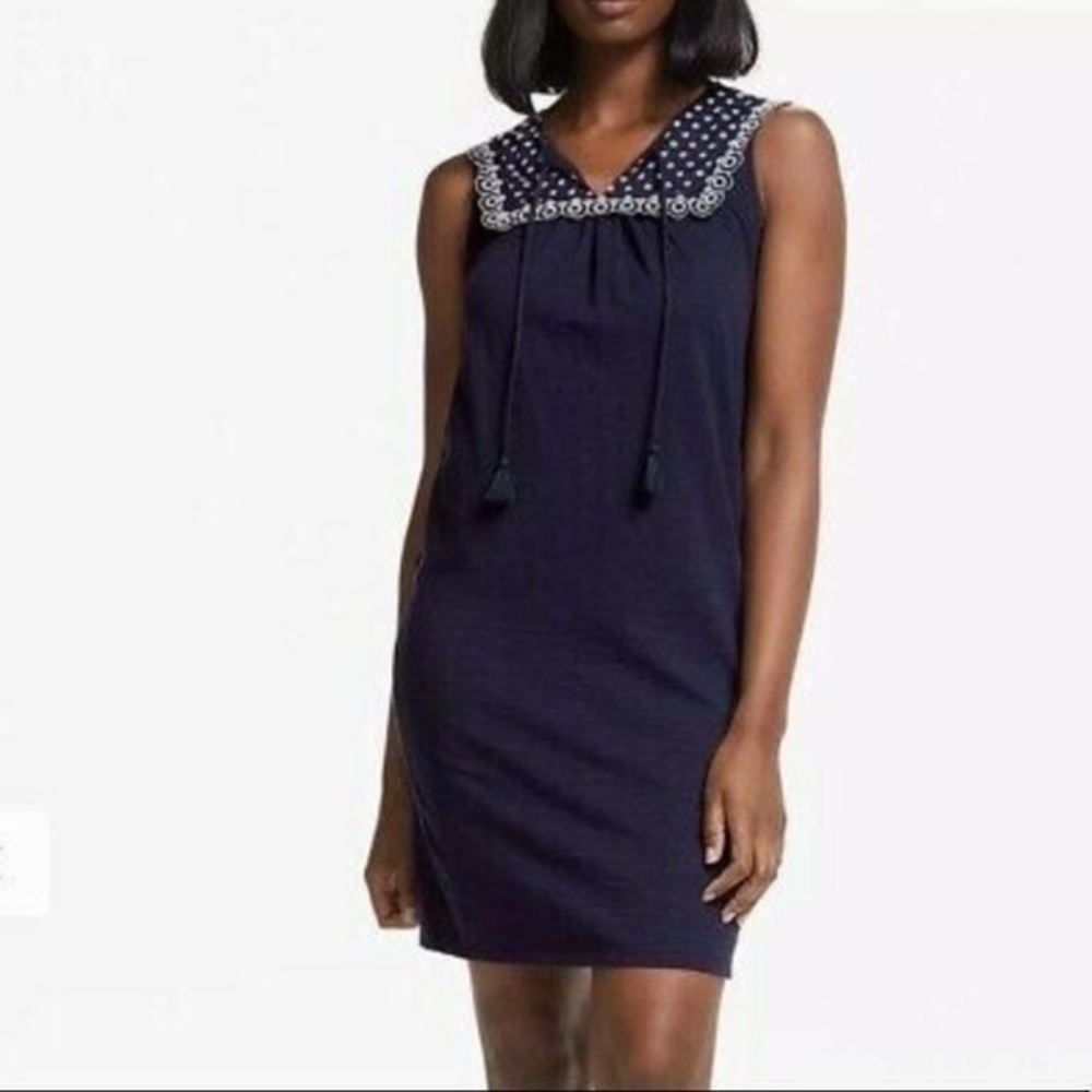 Boden navy dress with white embroidering